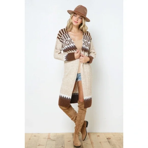 Taupe & Brown Aztec Tribal Western Boho Long Open Knit Cardigan Casual Sweater - Picture 3 of 8